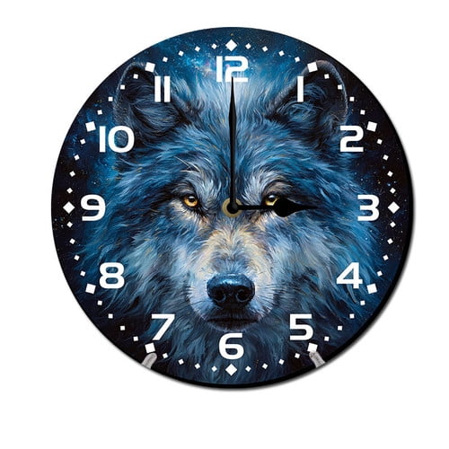 ZXCXRQFa Wolf Animal Clock Wall Decor Battery Operated Floral Clocks Spring Wall Clocks Round Desk Clock 10 in Non Ticking Analog Bathroom Clocks