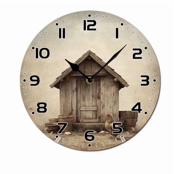 ZXCXRQFa Wooden Clocks Rustic Chicken Coop And Farmhouse Silent Wall Clock for Bathroom Indoor Decoration No Ticking 10 Inch Round Small Clock for Hospital Classroom Home Living Room