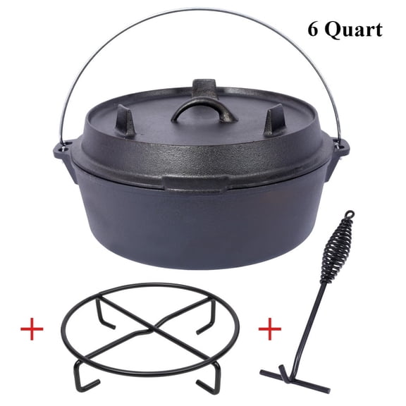 ZXFLOOV Pre-Seasoned Cast Iron Dutch Oven 4.5/6/8/12 Quart, Camping Deep Pot with Skillet Lid & Rack for Campfire, BBQ & Baking