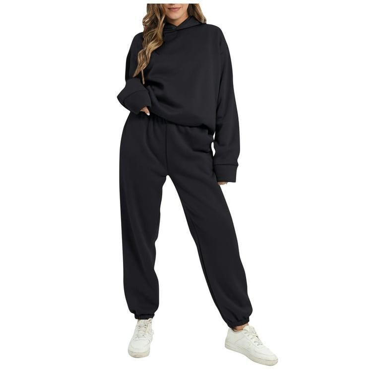 ZXHACSJ 2Pcs Sport Suit Fitness Solid Color Women s Tracksuits Hooded Pullover Sweatpants Sweatshirt Casual Pants Sets Sportswear Black M