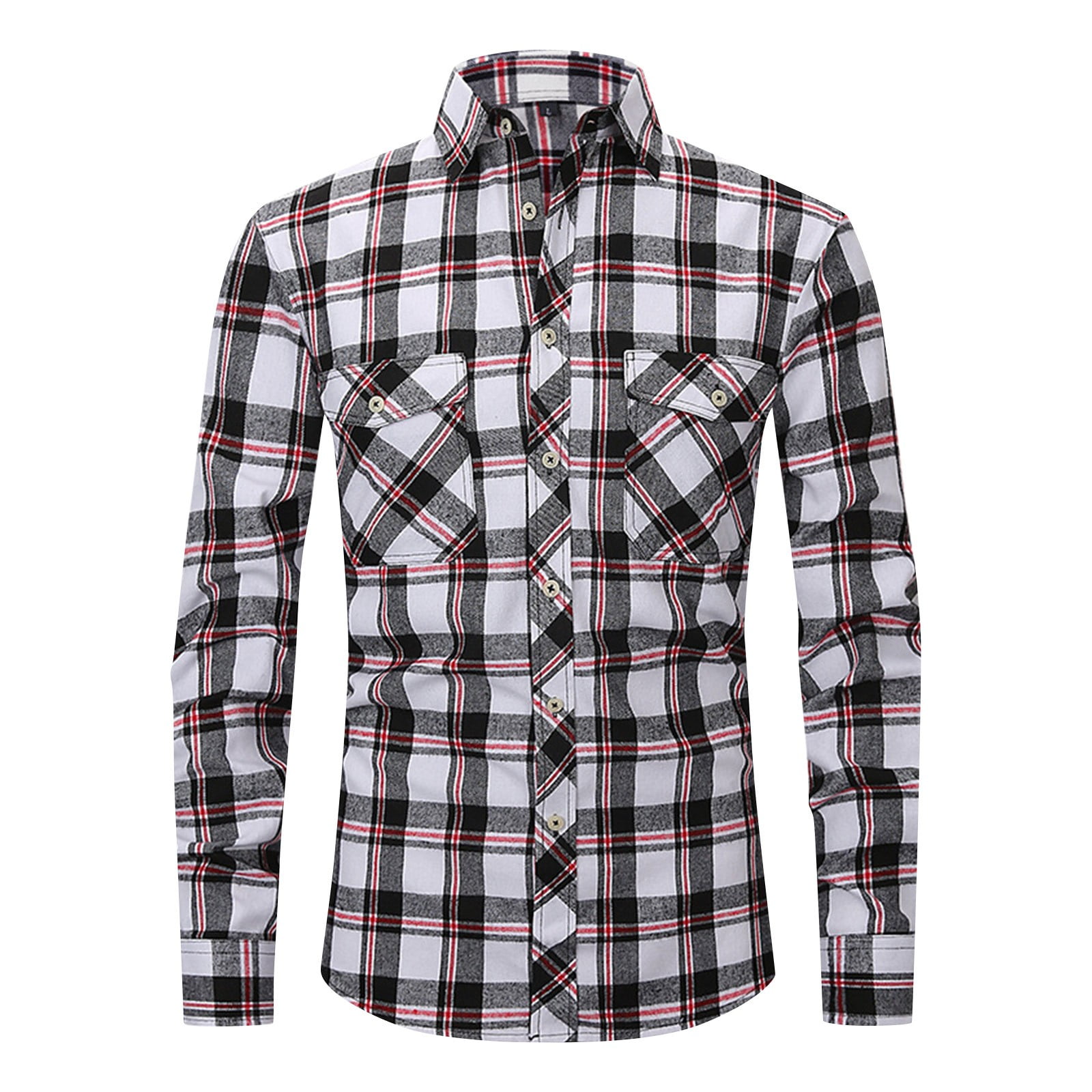 ZXHACSJ Brushed Plaid Shirt Men's Long Sleeve Double Pocket Flannel Shirt  Black M