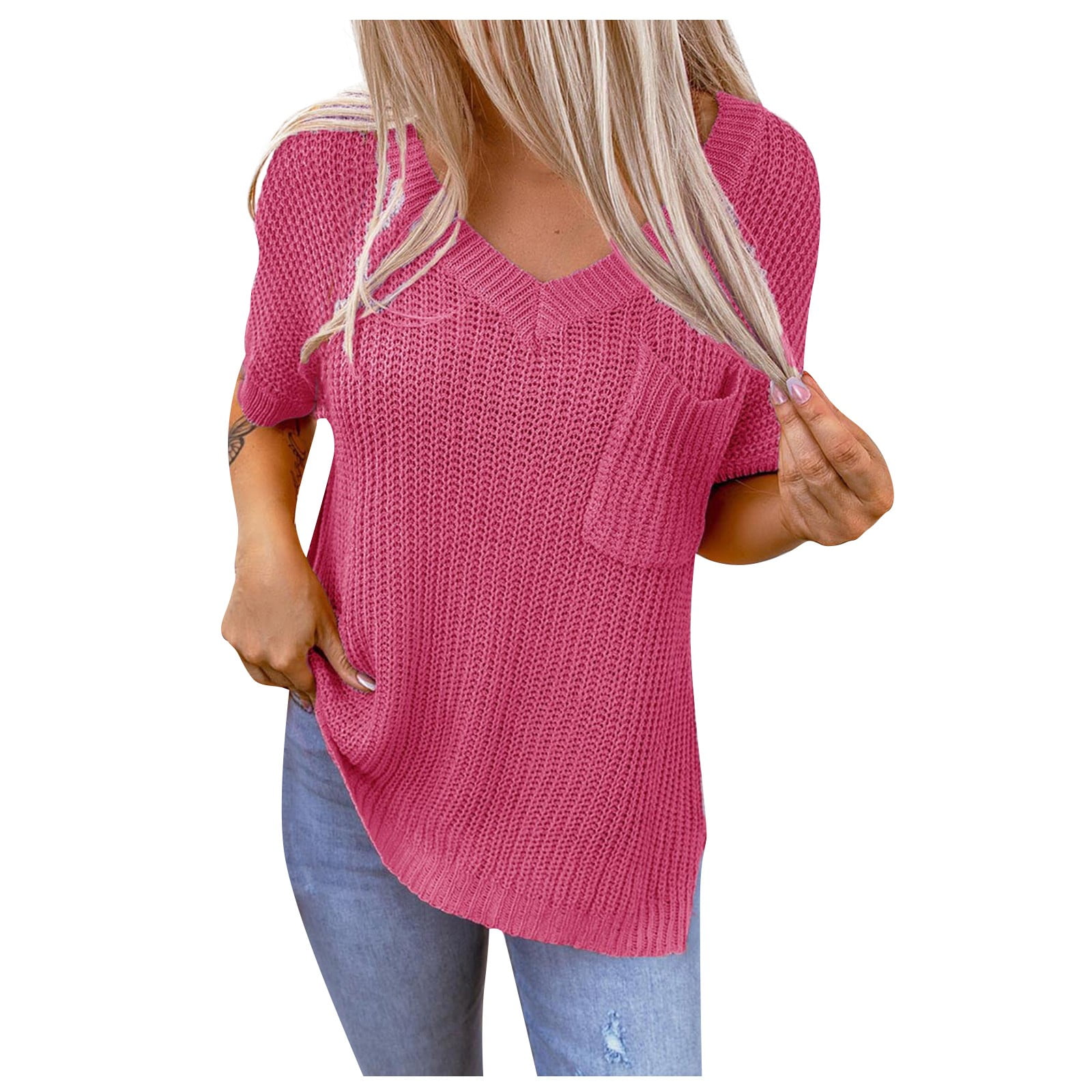 ZXHACSJ Fashion Women Casual Solid V-neck Knitted Pocket Loose 
