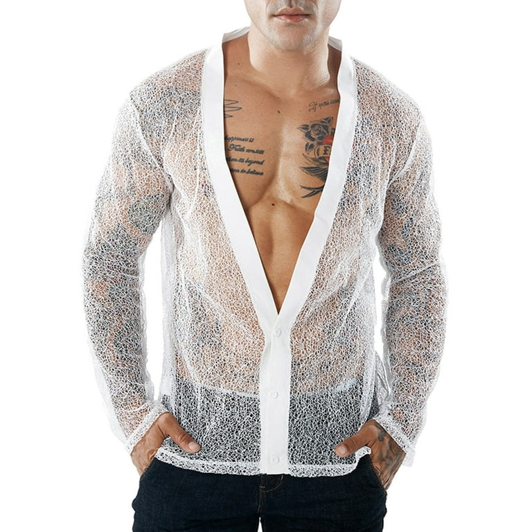 ZXHACSJ Men Fishnet Shirt Mens Fishnet Top Mesh Transparent Muscle T-Shirt  Net Undershirt Top White S 