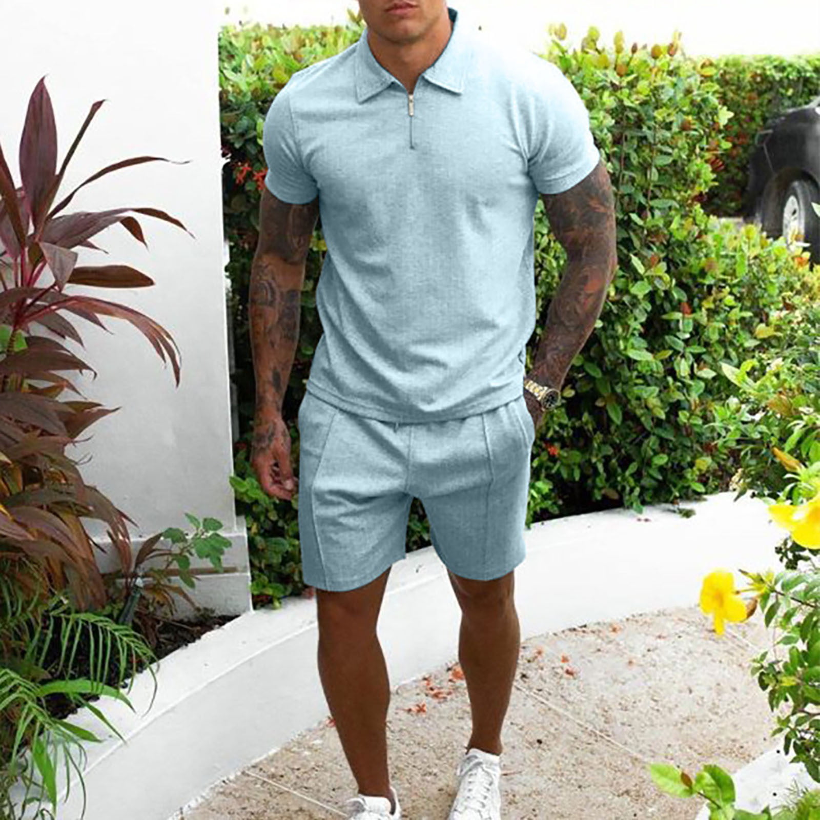 ZXHACSJ Men's Fashion Short-sleeved T-shirt Stand-up Tops Shorts Two-piece  Suit Light blue XL