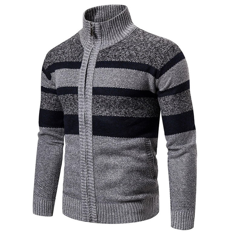 ZXHACSJ Men's Trendy Striped Long Sleeved Sweater Outdoor Stand Collar  Sports Cardigan Sweater Light Gray XXXL