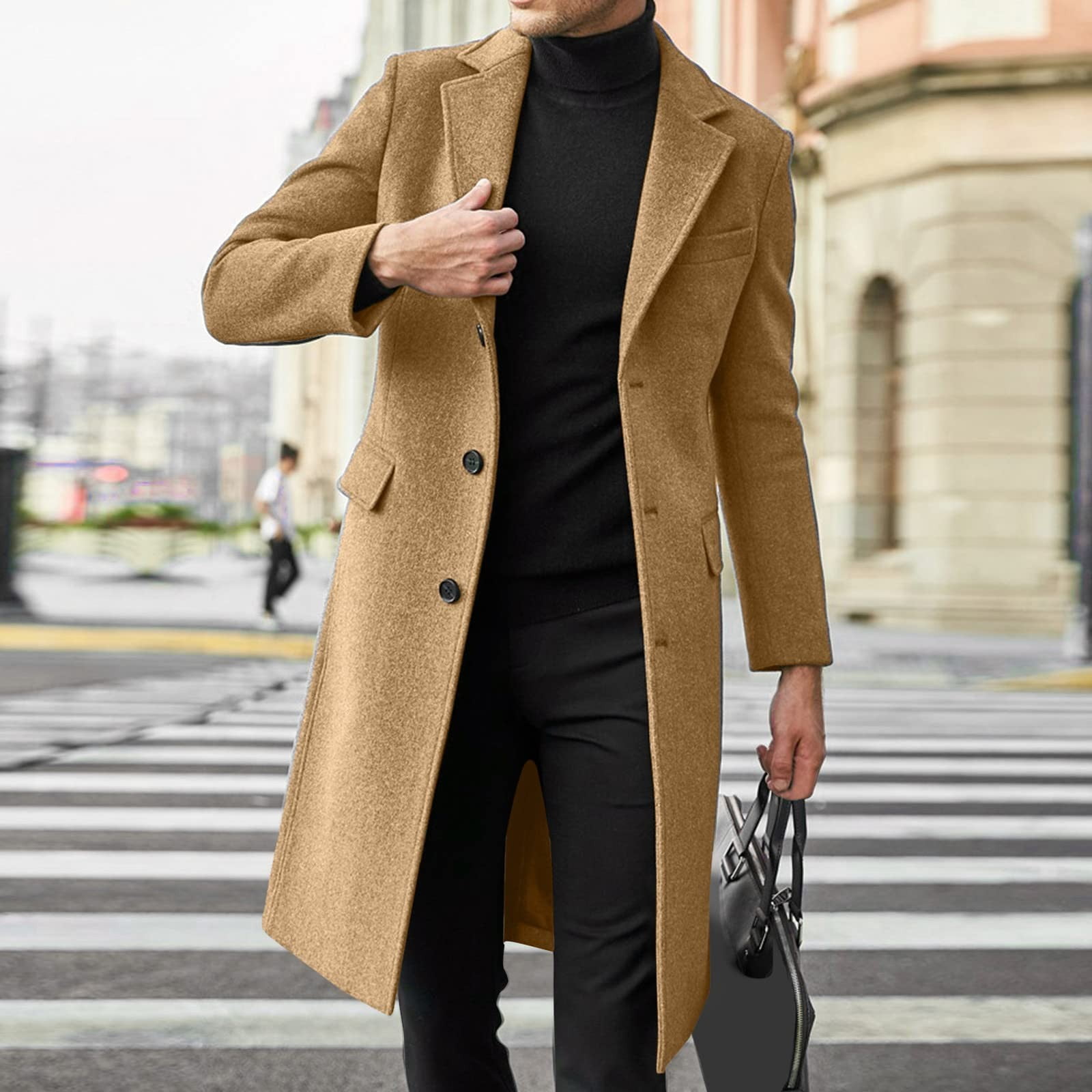 ZXHACSJ Mens Single Breasted Trench Coat Winter Wool Blend Oversized Warm Lapel Work Business Jacket Outerwear Camel XXL