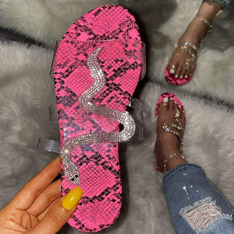 ZXHACSJ Summer Ladies Sandals Flip Flops Snakeskin Pattern Flat Bottom Casual Slippers Red 43