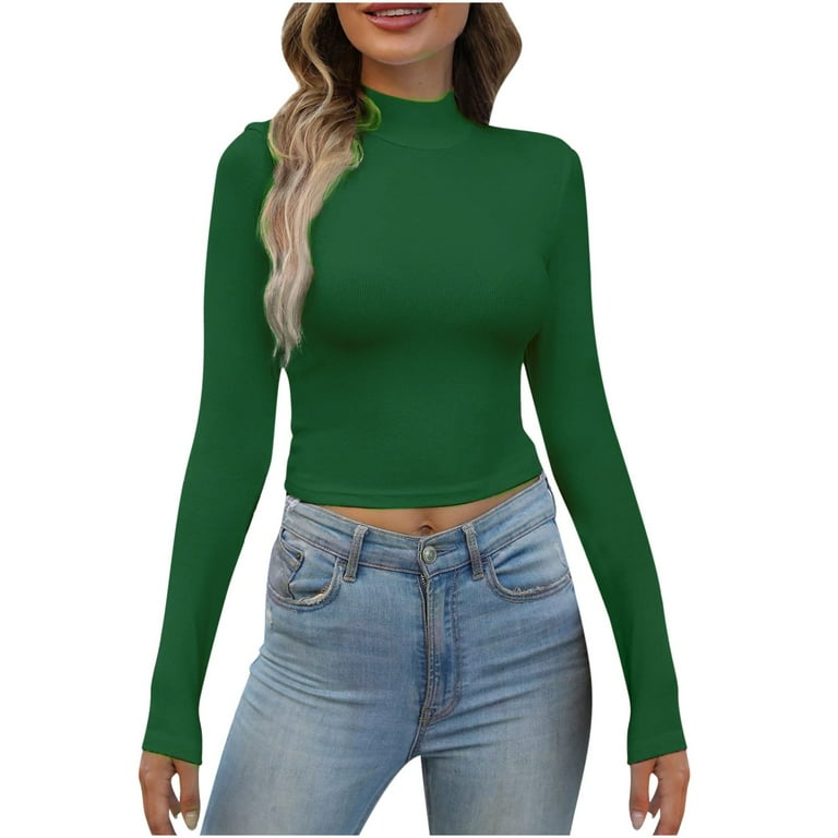 ZXHACSJ Women's Crop Top Long Sleeve Shirts Knit Slim Fitted Screw Thread Casual Layer Tee Tops Dark Green L