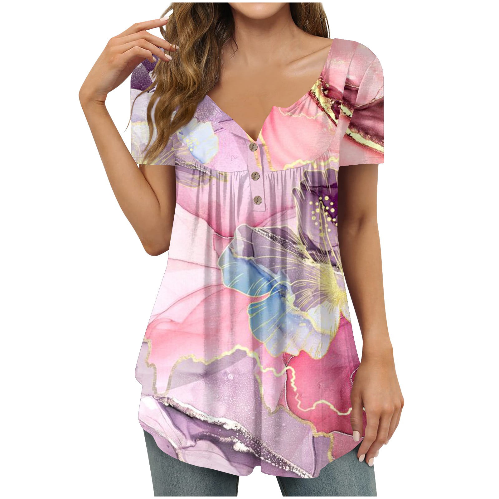 ZXHACSJ Women's Fashion Floral Printing Pleated Short Sleeve 