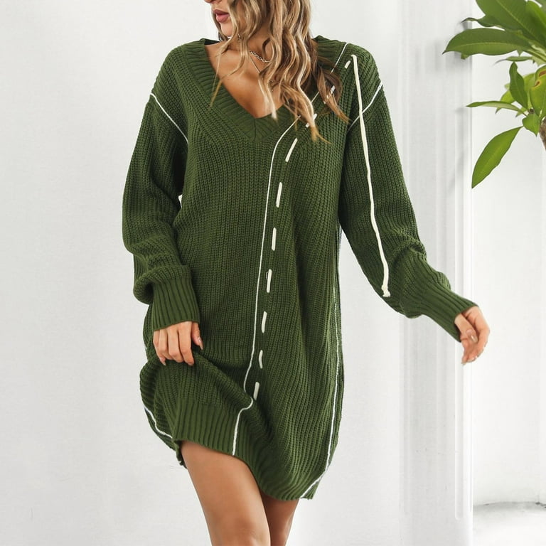 ZXHACSJ Women's Loose Drawstring V-Neck Long Sleeve Sweater Dress 