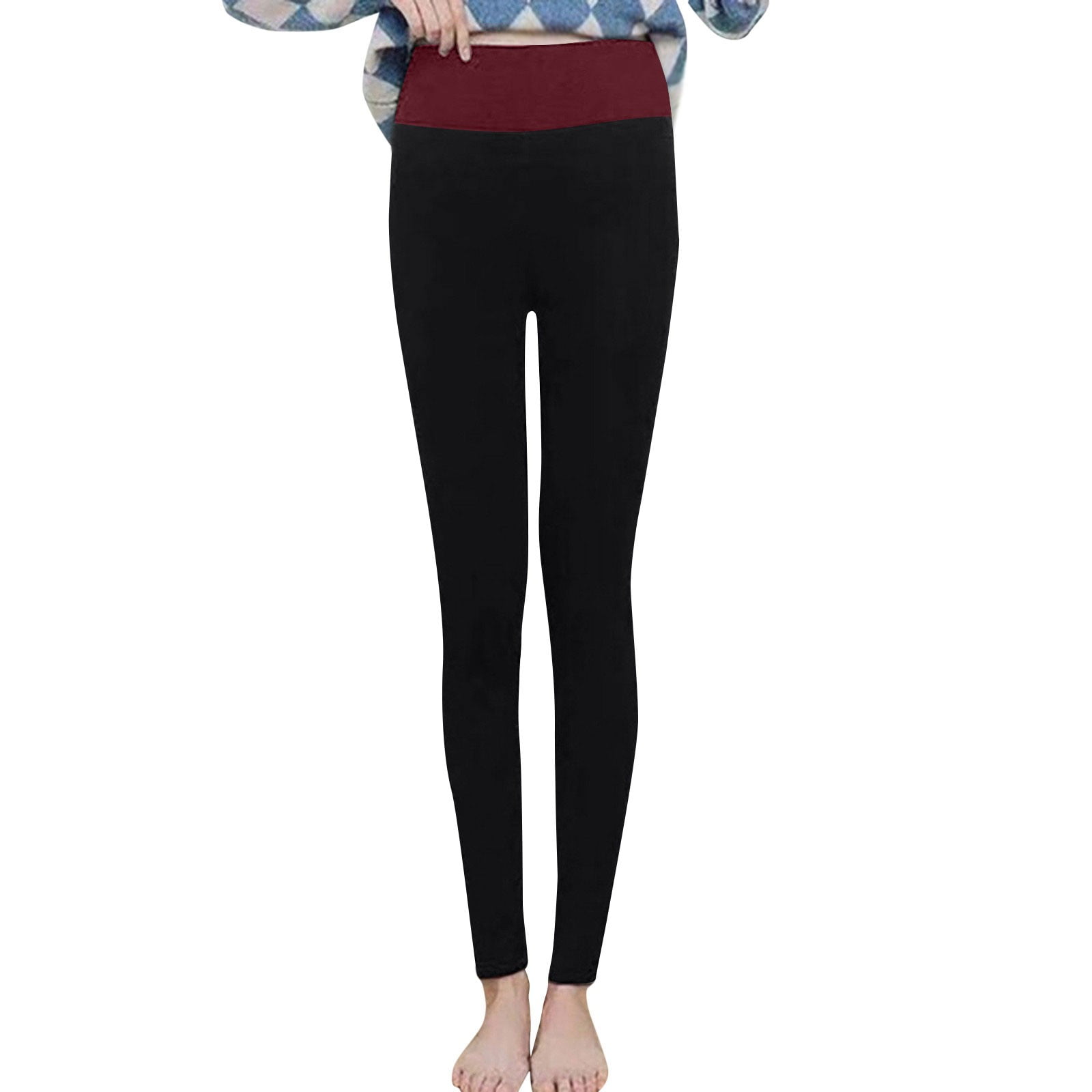 ZXHACSJ Women's Solid Color Plus Velvet Warm Elastic Leggings High Waist  Cotton Pants Wine L 