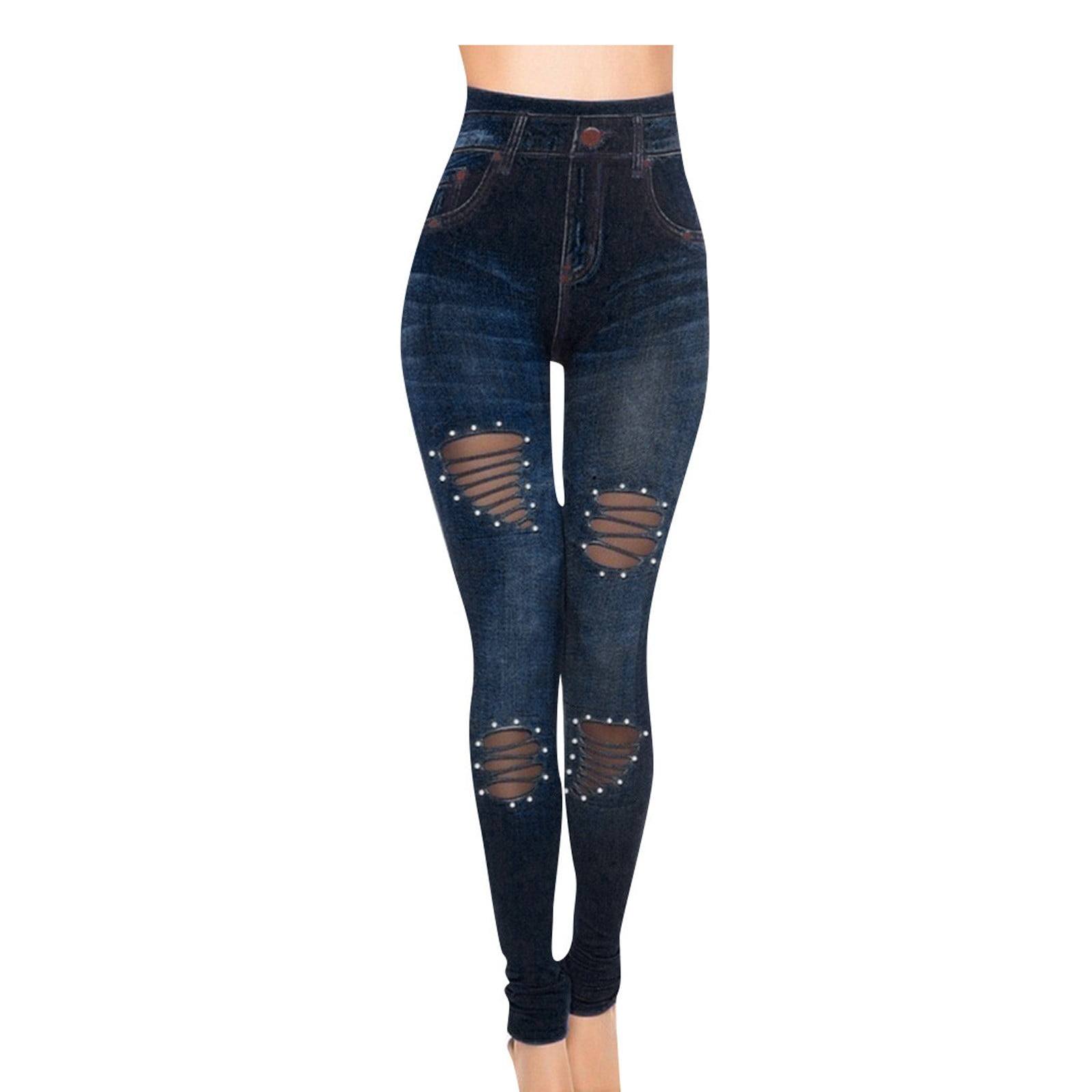 ZXHACSJ Women's Stretchy Skinny Print Jeggings Lmitation Jeans Seamless  Ninth Pants Dark Blue XXXL 