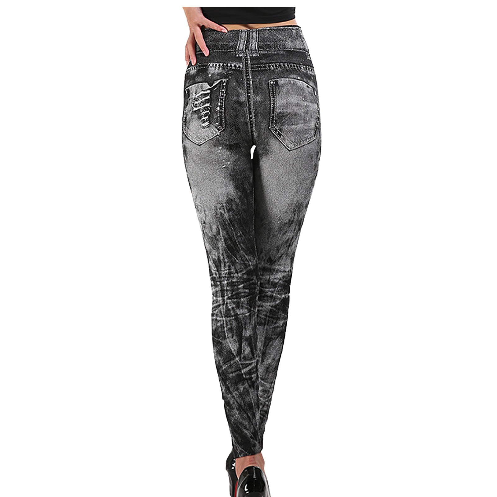 ZXHACSJ Women's Stretchy Skinny Print Jeggings Lmitation Jeans Seamless  Ninth Pants Sky Blue XL