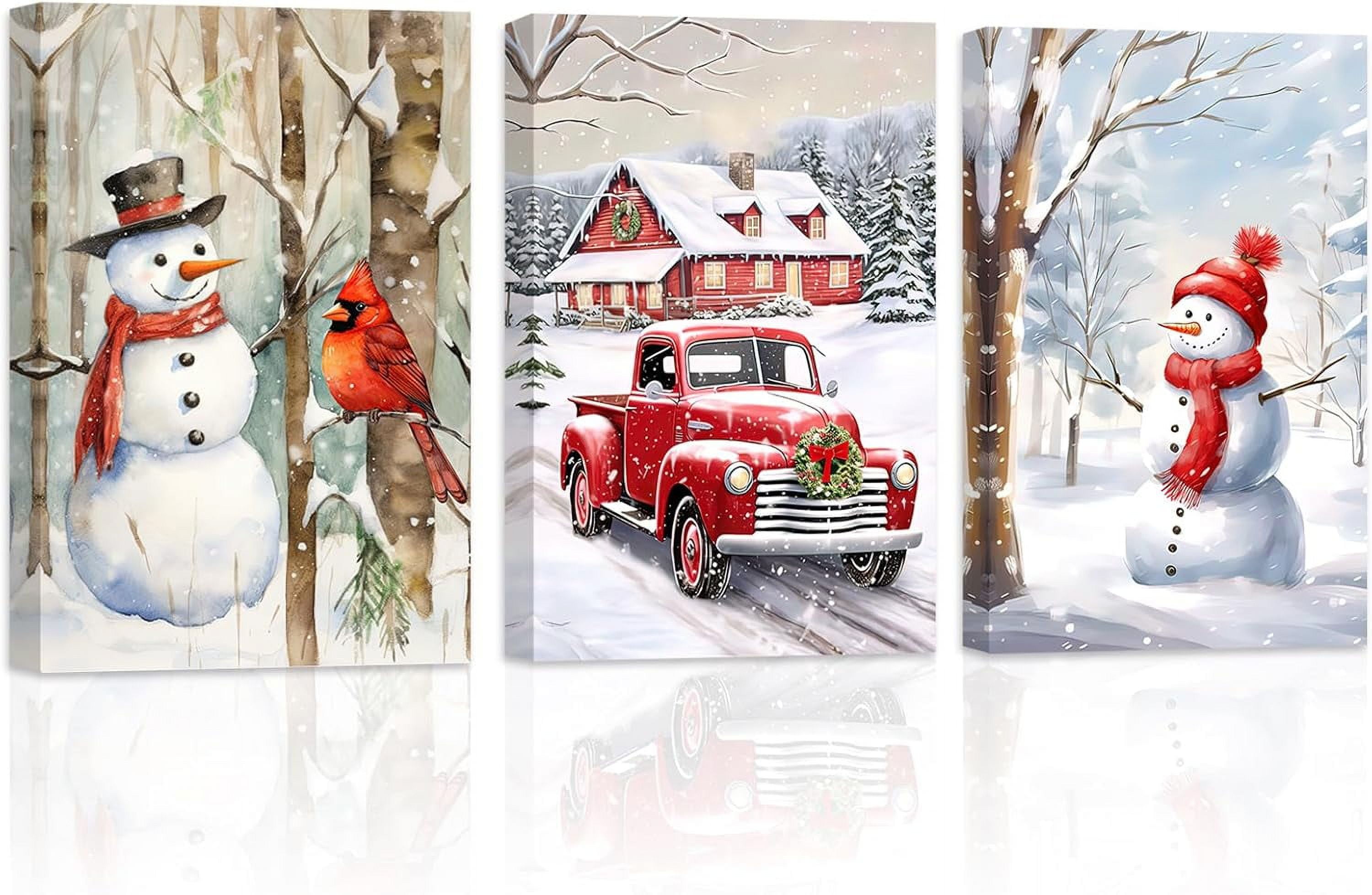 ZHONGYUTONG Christmas Canvas Wall Art 3 Pieces Snowman Cardinal Red