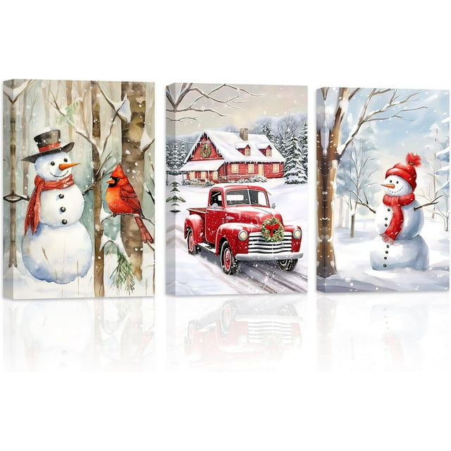 ZHONGYUTONG Christmas Canvas Wall Art 3 Pieces Snowman Cardinal Red