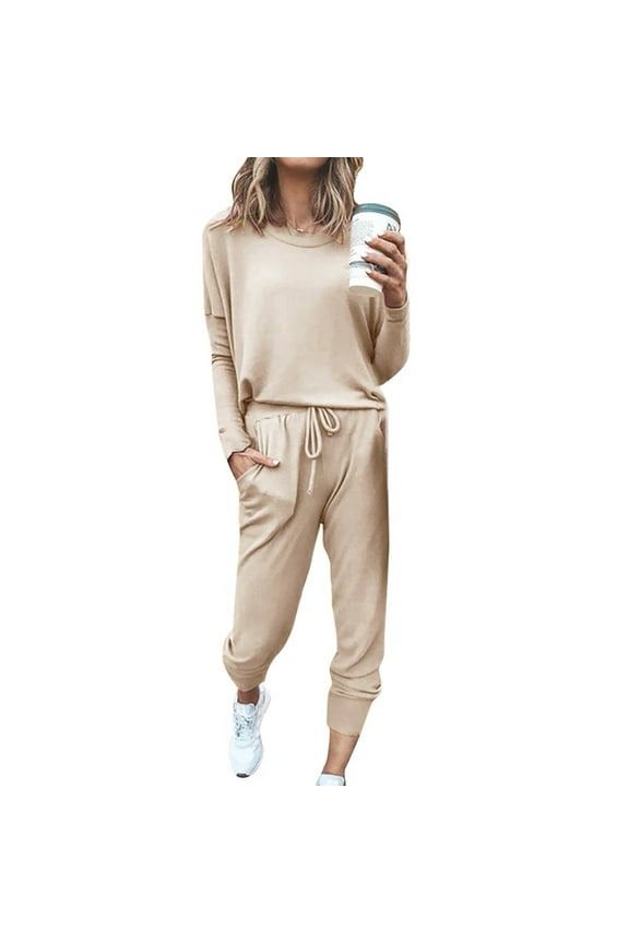 2 Piece Set Women Pure Color Suit Long Sleeve Leisure Pocket Home Sweatpants Sets Casual Outdoor Versatile Daily Wear