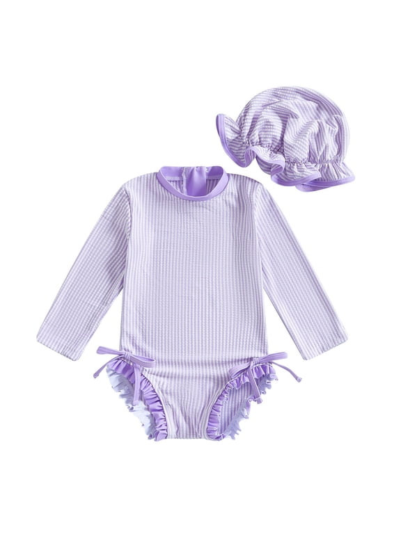 Baby Girls One Piece Swimsuit with Swim Cap Striped Bow Detail Long Sleeve Bathing Suit Stretchy for Spring Summer Sea Side Beach Swimwear Size 12 M-18 M
