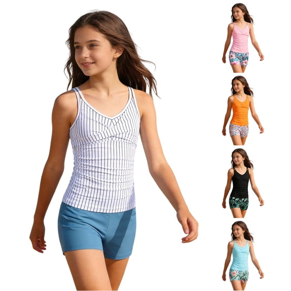 ZXLBBD Bathing Suits for Girls 2 Piece Toddler Swimsuit Girl Kids Ruched Slim Fit Tankini Top and Shorts Lightweight Vacation Outfit Casual Outdoor Beach,White,7 Y-8 Y