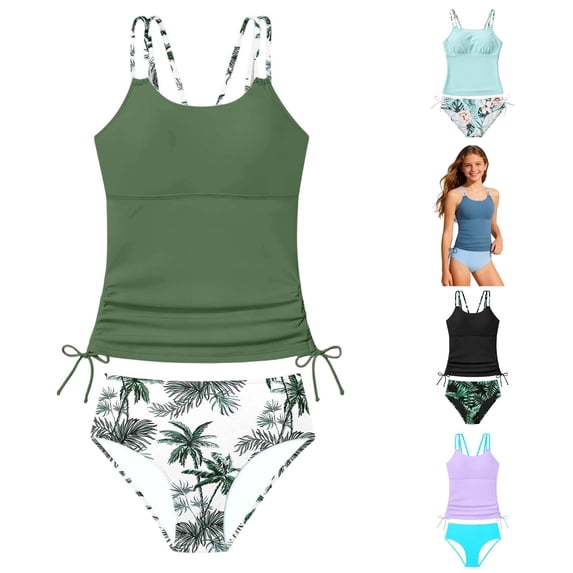 ZXLBBD Bathing Suits for Girls Spaghetti Straps Split Tankini Top with Bikini Bottoms Cute Patchwork Color 2 Piece Swimsuit Summer Casual Outdoor Beach,Green,15 Y-16 Y