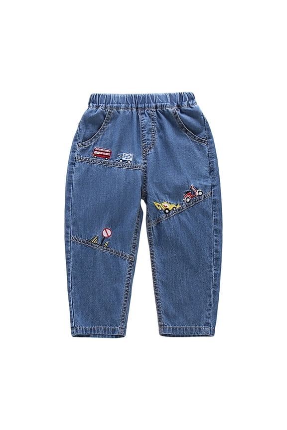 Boy's Jeans for Summer Cartoon Embroidery Denim Pants with Relaxed Fit Elastic Waist Breathable Trousers Versatile Casual Daily Wear,Dark Blue,Size 3 Y-4 Y