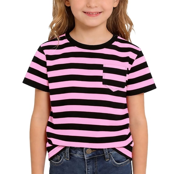 ZXLBBD Boys Girls Basic Shirts Short Sleeve Striped Classic Cozy T Shirt with Pocket Kids Child Tshirt Versatile Summer Dailywear
