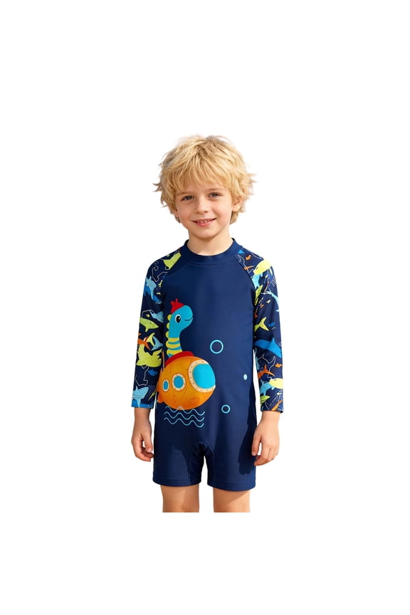 Boys One Piece Simsuit Long Sleeve Quick Drying Sun Protection Swimwear Rash Guard for Toddler Kids Outdoor Beach Bathing Suit