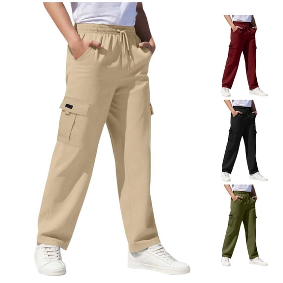 ZXLBBD Boys' Straight Leg Dress Pants Elastic Waist Solid Color Cargo Trousers Soft Blend for Kids School Uniform Versatile Casual Outdoor,Khaki,Size 5 Y-6 Y