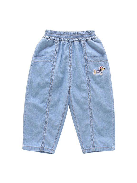 Boys Summer Elastic Waist Jeans Straight Leg Loose Fit Denim Pants Lightweight Breathable Trousers Streetwear Fashion Casual Daily Wear,Light Blue,Size 3 Y-4 Y