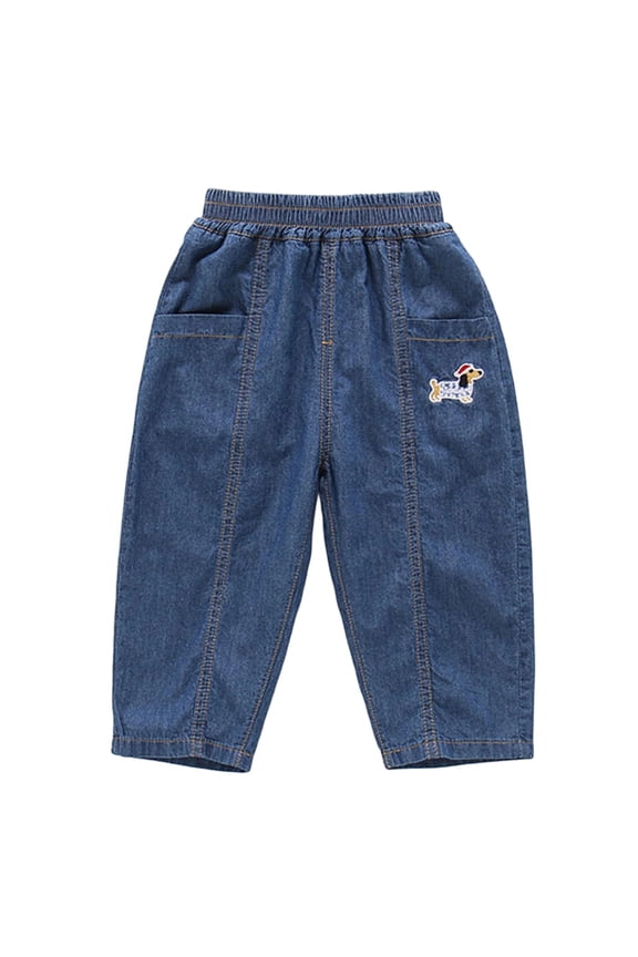 Boys' Summer Elastic Waist Jeans Straight Leg Loose Fit Denim Pants Lightweight Breathable Trousers Streetwear Versatile Casual Daily Wear,Dark Blue,Size 3 Y-4 Y