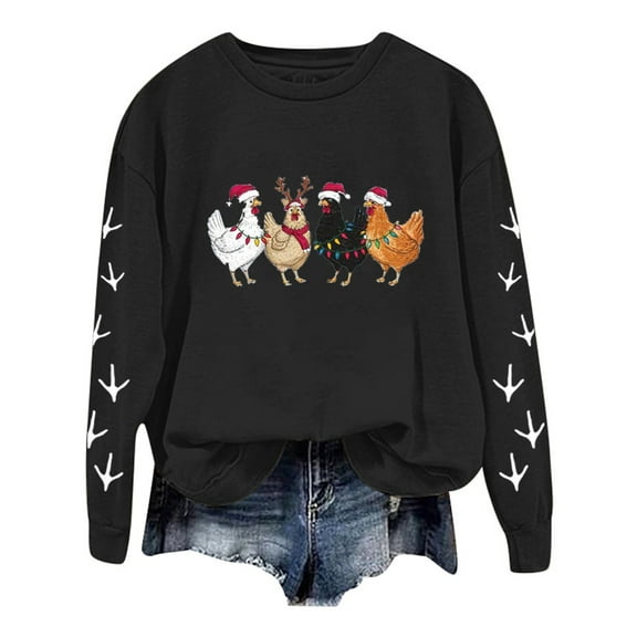ZXLBBD Christmas Oversize Women Long Sleeve Crewneck Sweatshirts Chicken Printed Lightweight Sweatshirts Top Casual Outdoor Comfort Daily Wear