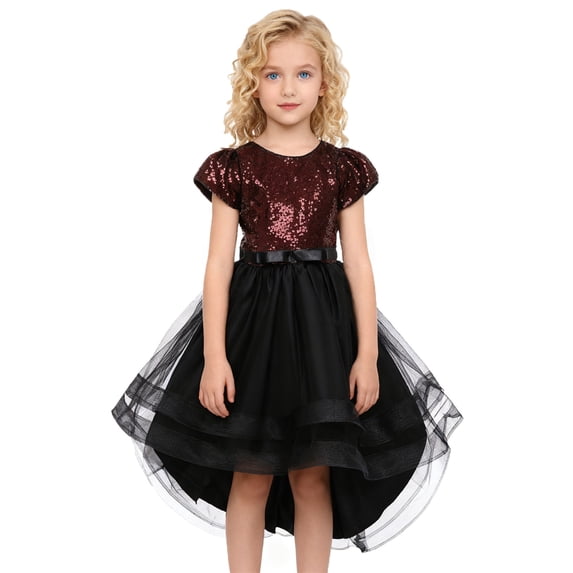 ZXLBBD Dress for Girls Sparkly Elastic Waist Dresses with Detachable Train for Piano Recital Performance Elegant Party Formal Dress