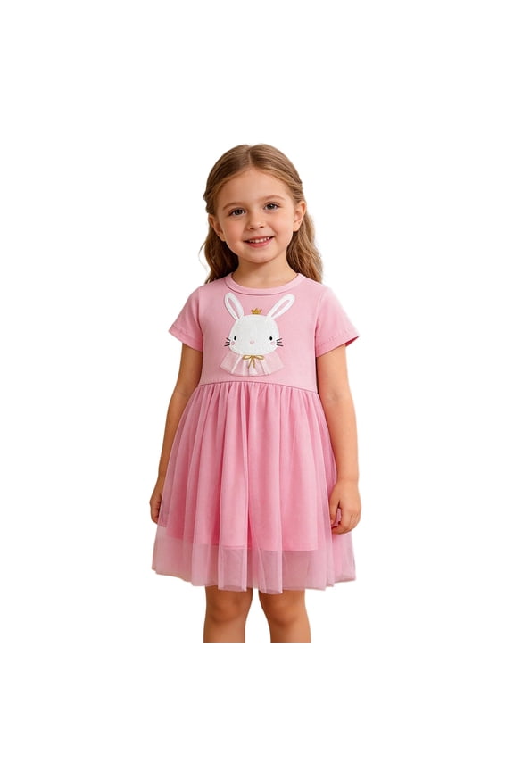 Dresses for Girls Easter Summer Short Sleeve with Bunny Embroidery Floral Layered Lace Sundress for Kids Princess Pageant Gown Dress