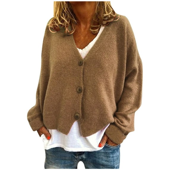 ZXLBBD Fashion Women Solid Color V-Neck Buttonsy Knitted Sweater Cardigan Coat Casual Outdoor Versatile Daily Wear
