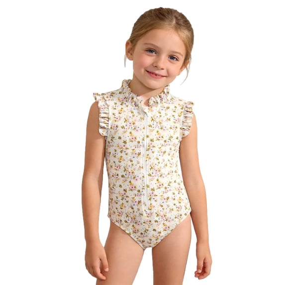 ZXLBBD Girl One Piece Swimsuits Floral Print Ruffle Trim Zipper for Toddler Kids with Sun Protection Soft Breathable Summer Pool Beach