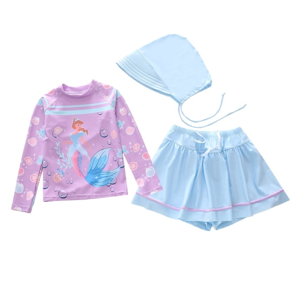 ZXLBBD Girl Swimsuits 3 Piece Cartoon Print Sporty Long Sleeve Rash Guard Swim Skirts Sun Hat with Drawstring Toddler Kids Casual Beah Swimming