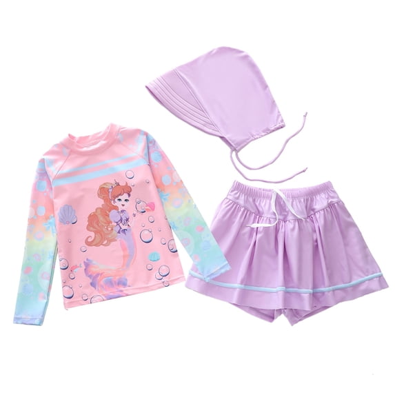 ZXLBBD Girl Swimsuits 3 Piece Cartoon Print Sporty Long Sleeve Rash Guard Swim Skirts Sun Hat with Drawstring Toddler Kids Summer Pool Beach