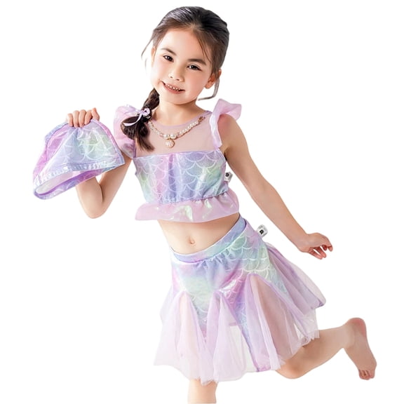 ZXLBBD Girl Swimsuits Cute Performance Colorful 3 Piece Tankini Swim Skirt Sun Cap Swimsuit Toddler Kids Holiday Princess Summer Pool Beach