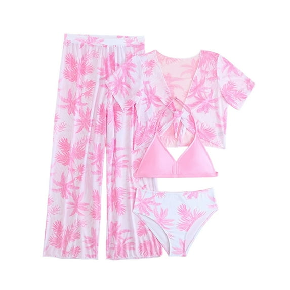 ZXLBBD Girl Swimsuits Kids Child 4 Piece Tropical Tree Print Swimsuit and Coverup Pants Set Boho Style Bathing Suit Casual Beah Swimming