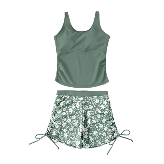 ZXLBBD Girl Swimsuits Large Size Separate Tankini Top with Printed Drawstring Boyshort for Children Kids Trendy Casual Beach Swimwear