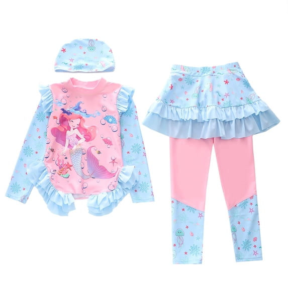 ZXLBBD Girl Swimsuits Long Sleeve 3 Piece Rash Guard with Flounce Bottom Sun Protective Swimsuit for Toddler Kids Summer Pool Beach