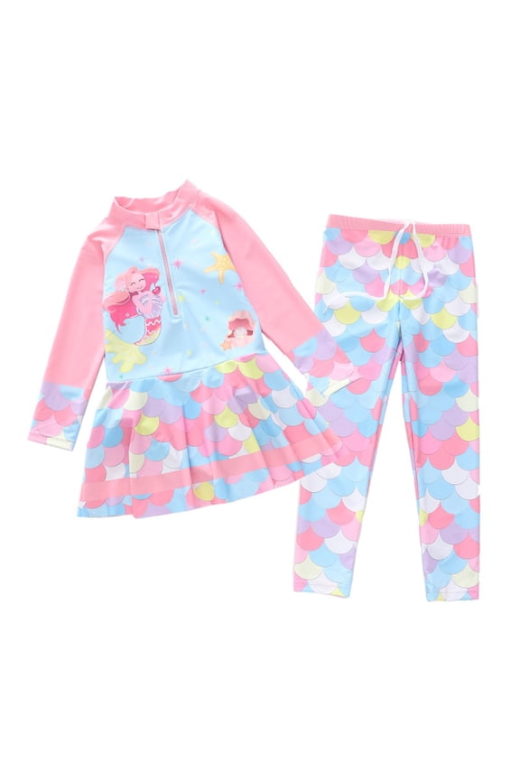 Girl Swimsuits Long Sleeve Cartoon Prints Rash Guard Bottoms Sun Protection Bathing Suit for Kids Teen Holiday Casual Beah Swimming