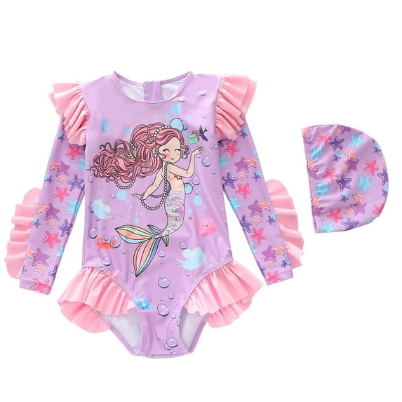 ZXLBBD Girl Swimsuits Sun Protection Cartoon Prints Long Sleeved Colorful Ruffled Child Kids Holiday Swimsuit Summer Pool Beach