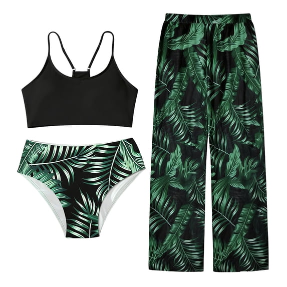 ZXLBBD Girl Swimsuits Tropical Floral Tankini Sets with Matching Cover Up Pants 3 Piece Sun Protection for Teen Kids Summer Pool Beach