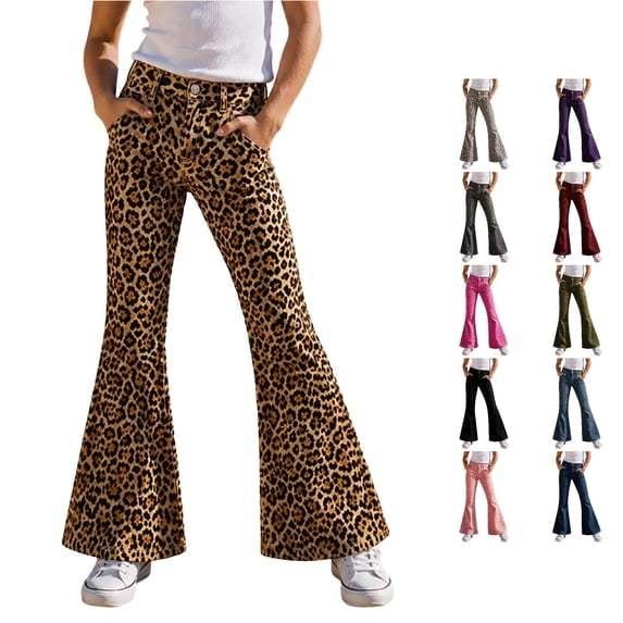 ZXLBBD Girl's Button Closure Leopard Print Flared Leg Pants for Kids Playful Comfortable Everyday Trousers Durable Casual Outdoor,Gold,Size 9 Y-10 Y