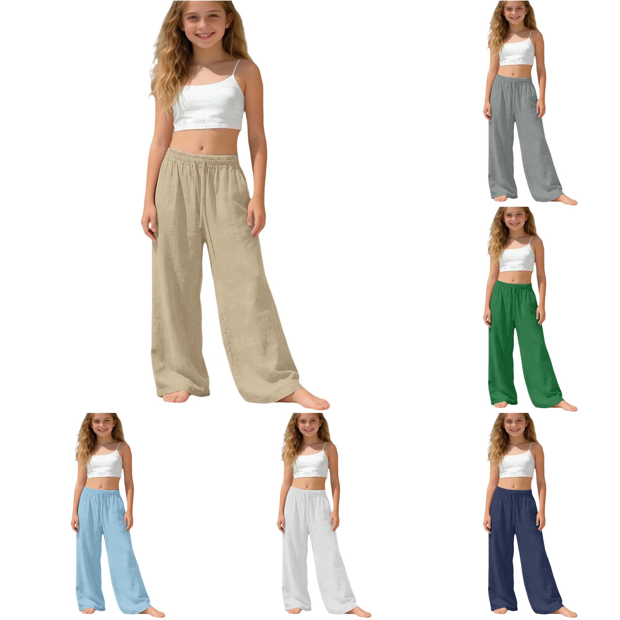 ZXLBBD Girls' Elastic Waisted Solid Color Comfortable Pants for