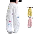 thumbnail image 1 of ZXLBBD Girl's Elastic Waisted Wide Leg Cargo Pants with 3D Floral Embroidery Loose Fit Trousers for Kids Durable Casual Outdoor,White,Size 11 Y-12 Y, 1 of 7