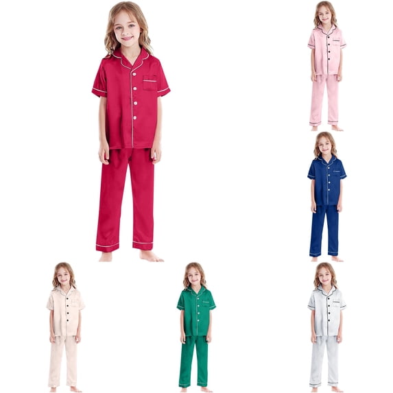 ZXLBBD Girls 2 Piece Satin Pajamas Set Silk Pj's Short Sleeve Button Down Sleepwear Long Pants Button Down Kids Nightwear Clothes Sets,Red,Size 8 Y-9 Y
