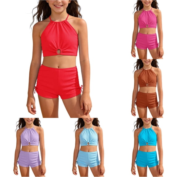 ZXLBBD Girls Bathing Suit Halter Neck Hollow Design Solid Color Tankini Top and Shorts 2 Piece Swimwear Summer Vacation Outfit Casual Outdoor Beach,Red,14 Y-15 Y