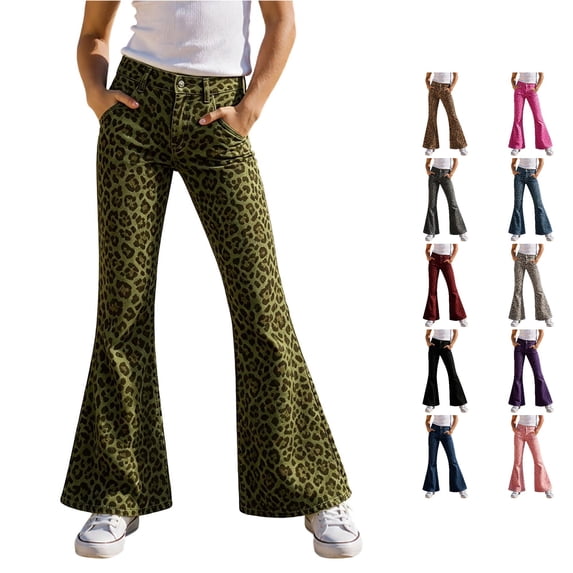 ZXLBBD Girls' Button Closure Leopard Print Flared Leg Pants for Kids Playful Comfortable Everyday Trousers Durable Casual Outdoor,Army Green,Size 13 Y-14 Y