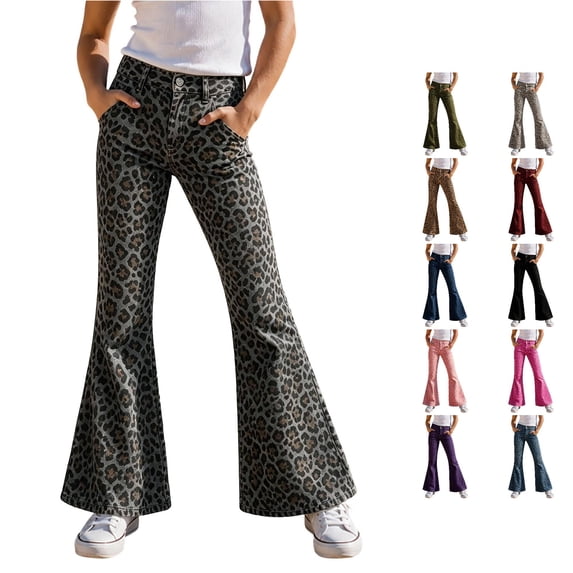 ZXLBBD Girls' Button Closure Leopard Print Flared Leg Pants for Kids Playful Comfortable Everyday Trousers Versatile Casual Outdoor,Grey,Size 7 Y-8 Y